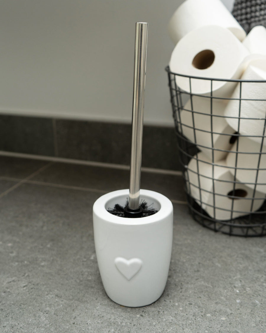 White Embossed Heart Toilet Brush Holder