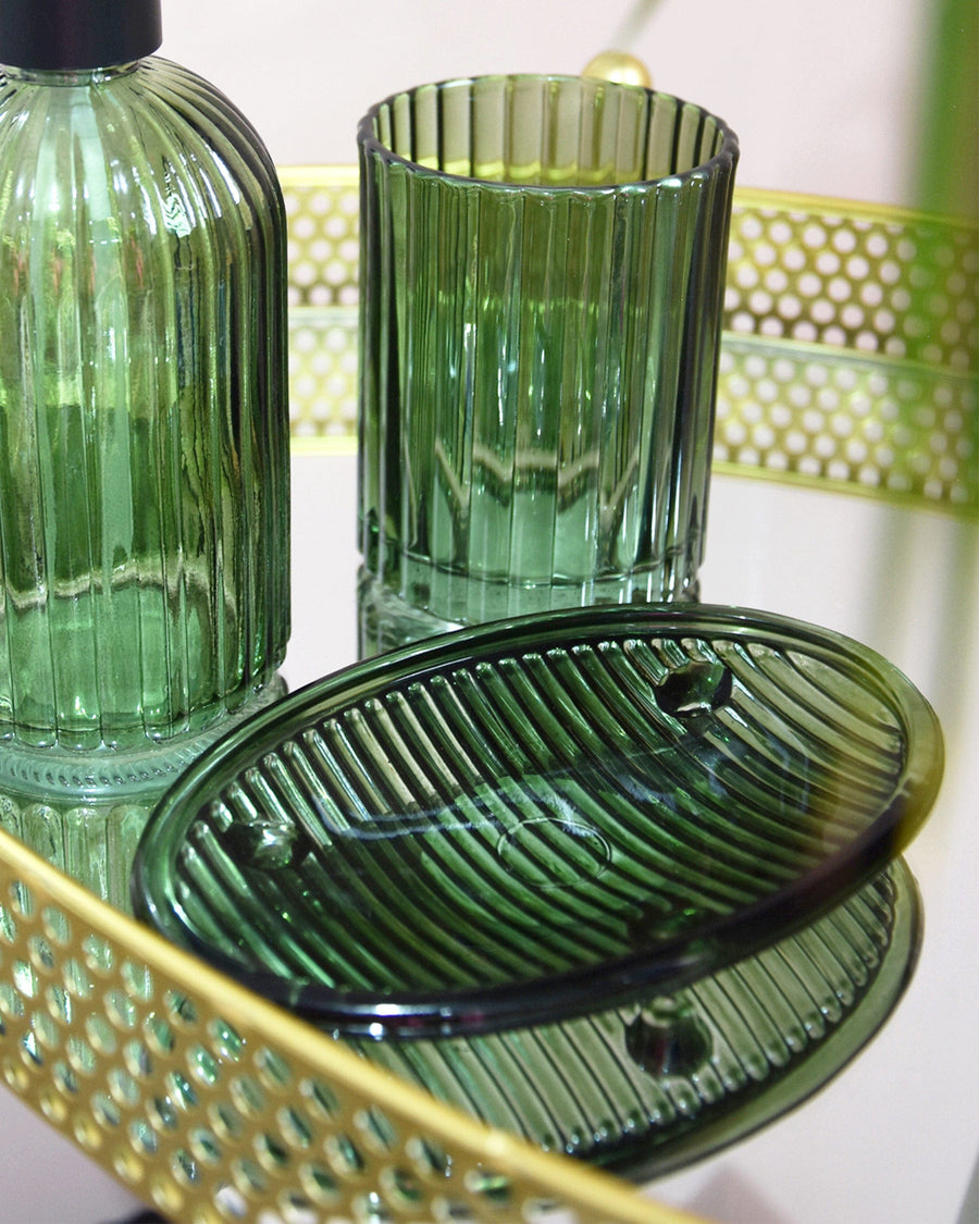 Green Ribbed Glass Soap Dish