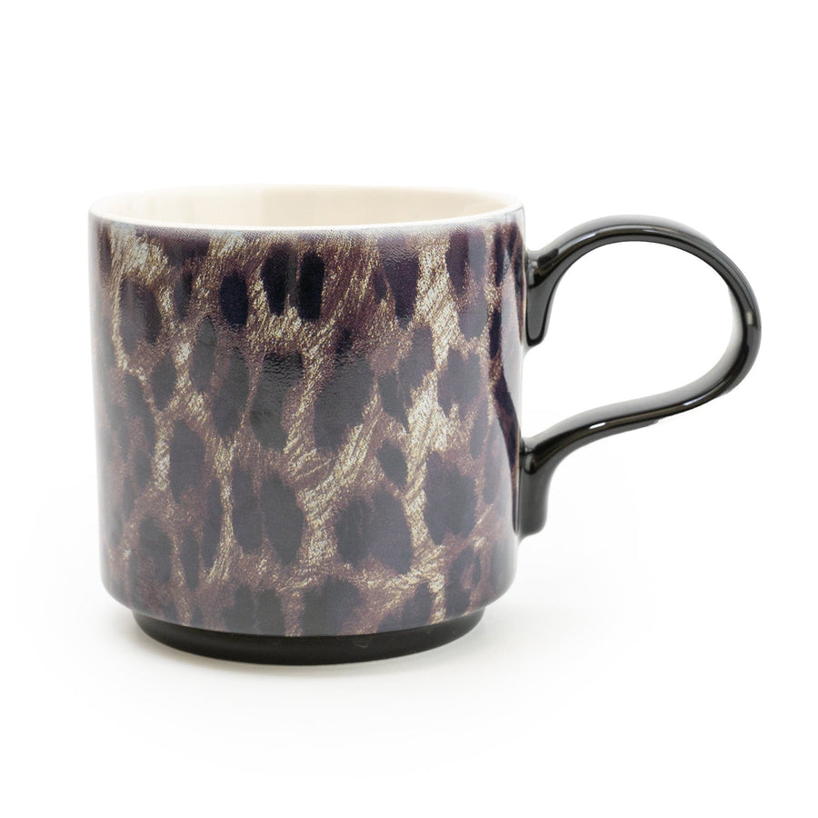 Stylish leopard print ceramic mug with a sleek handle, showcasing a vibrant pattern of black and brown spots