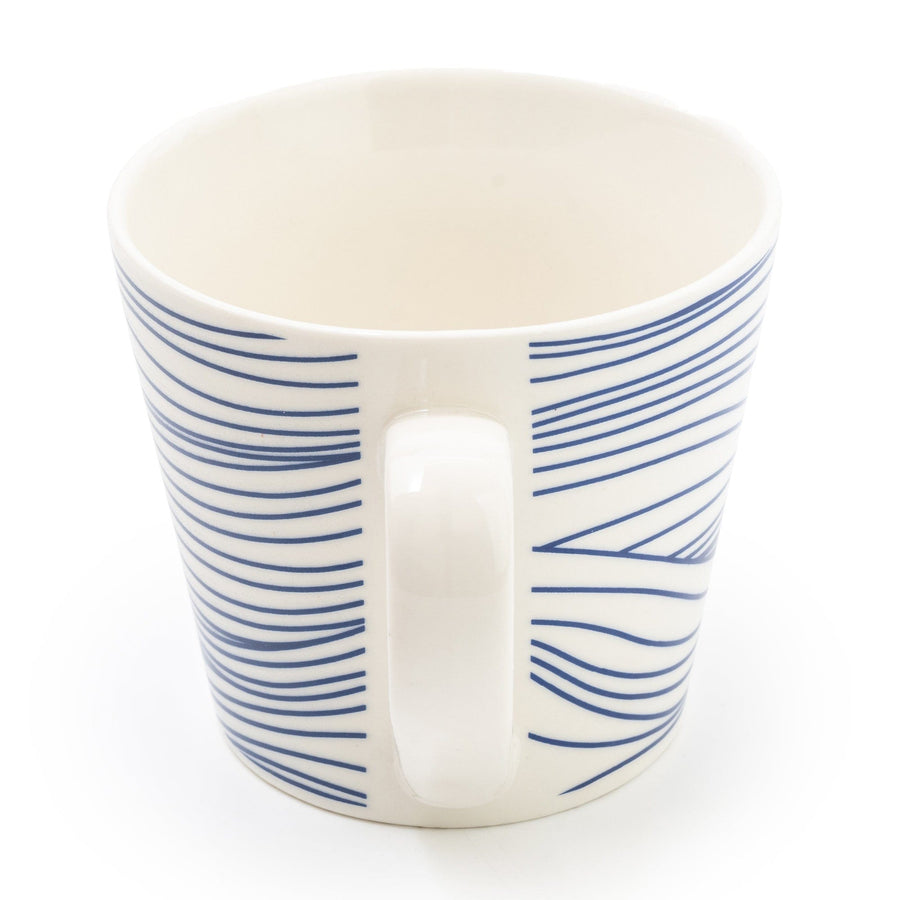 Image of a Nautical Blue Lined Wide Mug featuring horizontal navy stripes against a white background, with a sturdy handle on the side for a comfortable grip. The mug conveys a maritime theme ideal for a coastal-inspired kitchen.