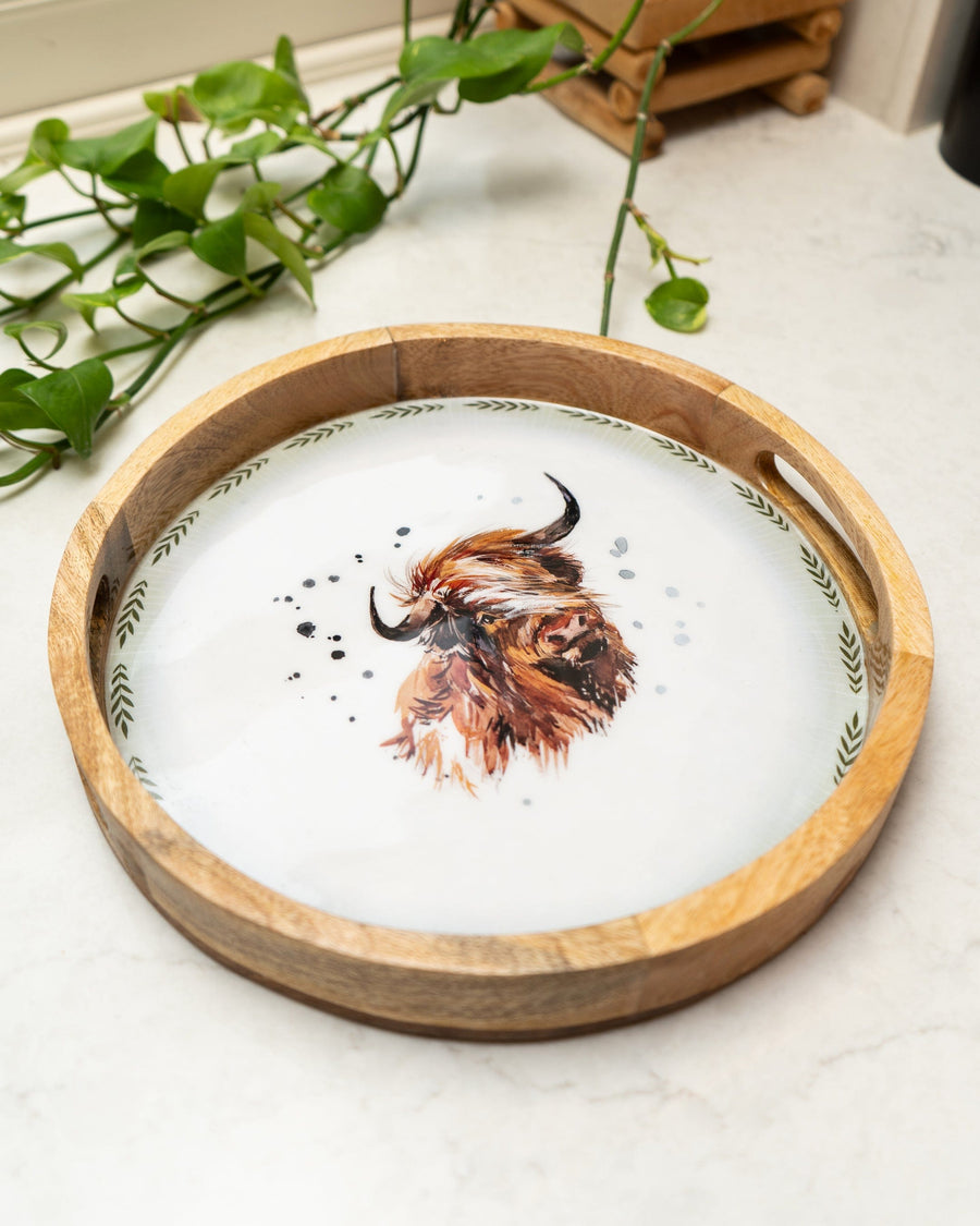 Highland Cow Round Mango Wood Tray