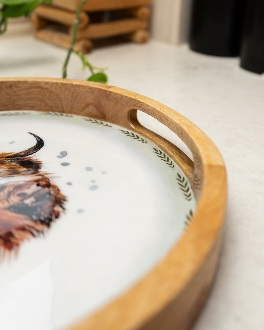 Highland Cow Round Mango Wood Tray