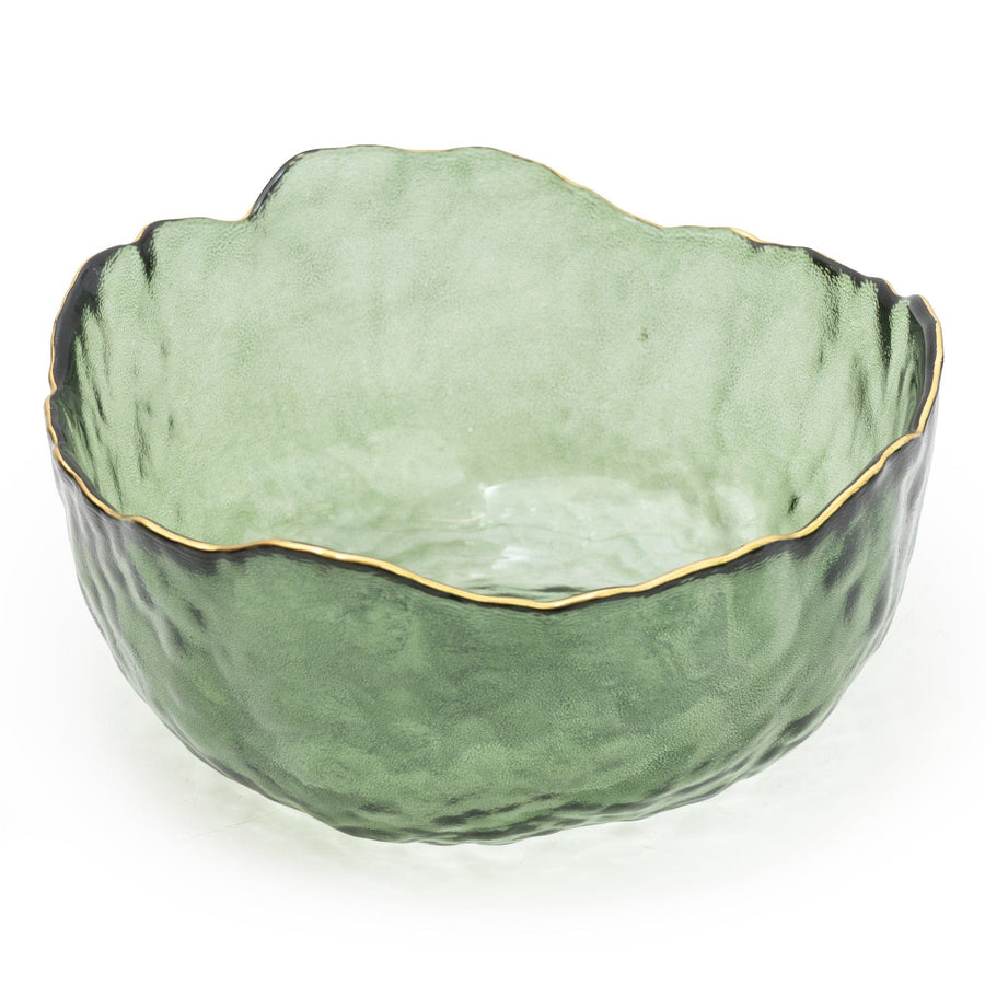 Large Green Glass Wavy Bowl with Gold Rim