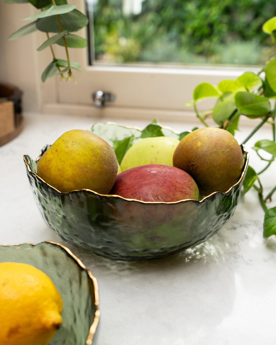 Large Green Glass Wavy Bowl with Gold Rim