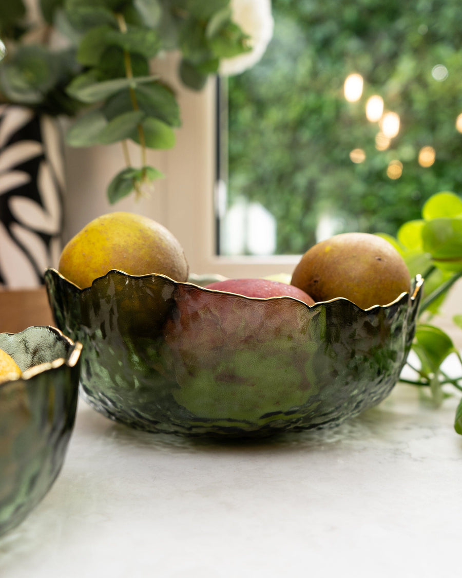 Large Green Glass Wavy Bowl with Gold Rim