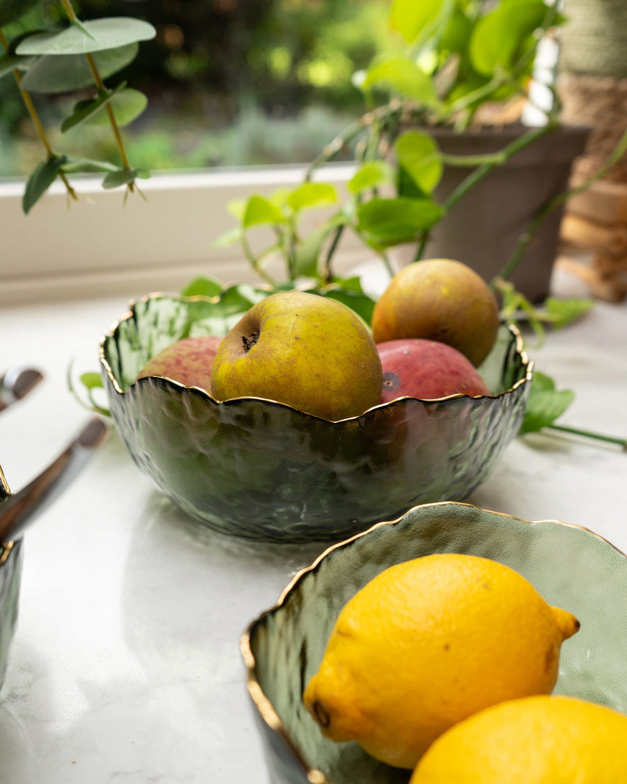 Large Green Glass Wavy Bowl with Gold Rim