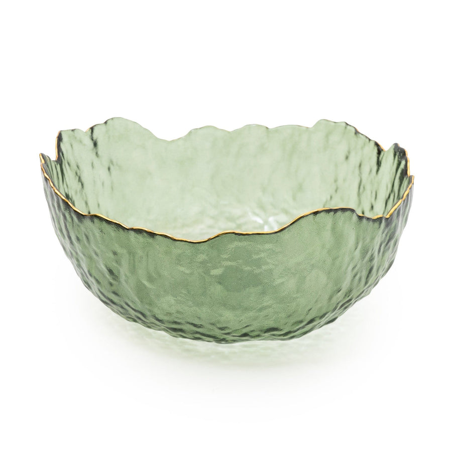 Large Green Glass Wavy Bowl with Gold Rim