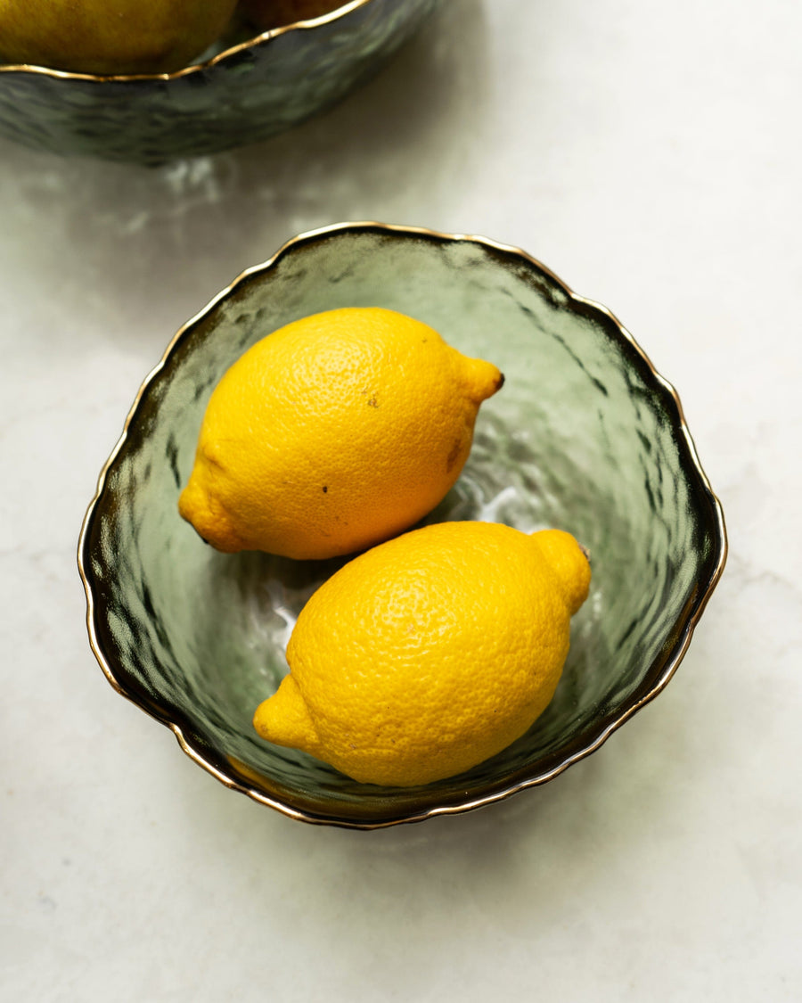 Small Green Glass Wavy Bowl with Gold Rim