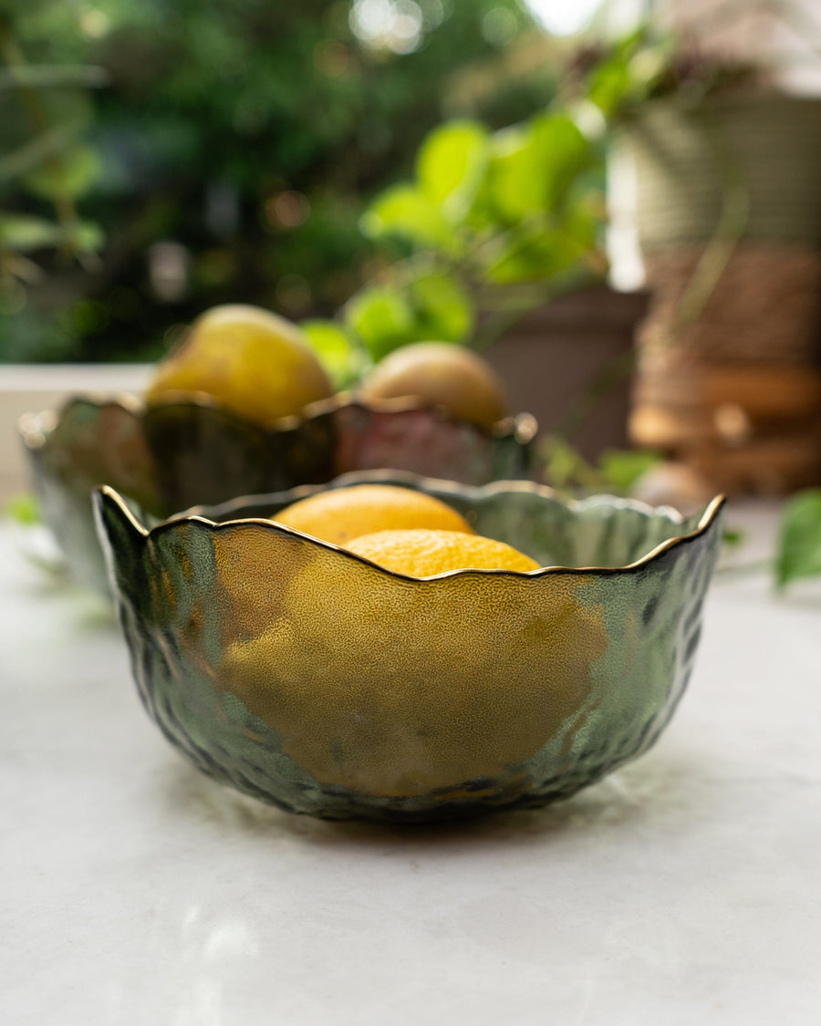 Small Green Glass Wavy Bowl with Gold Rim