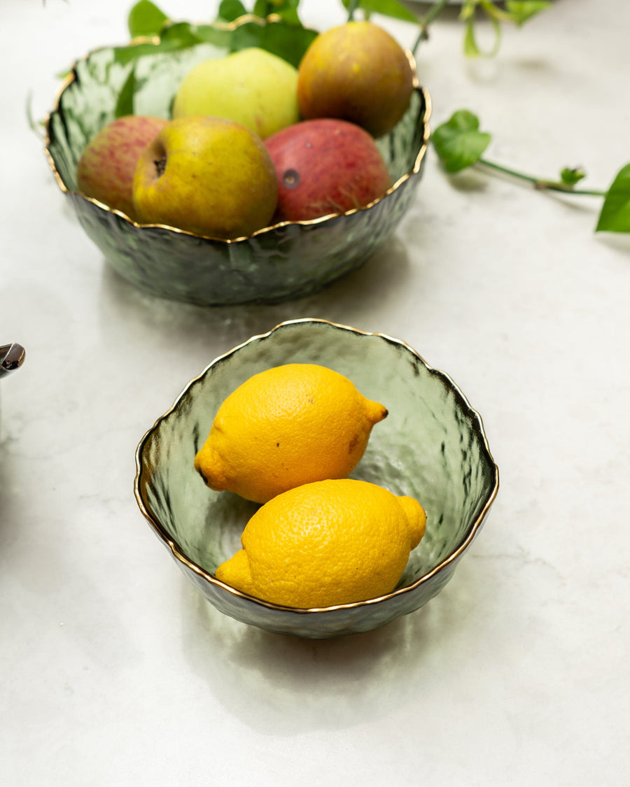 Small Green Glass Wavy Bowl with Gold Rim