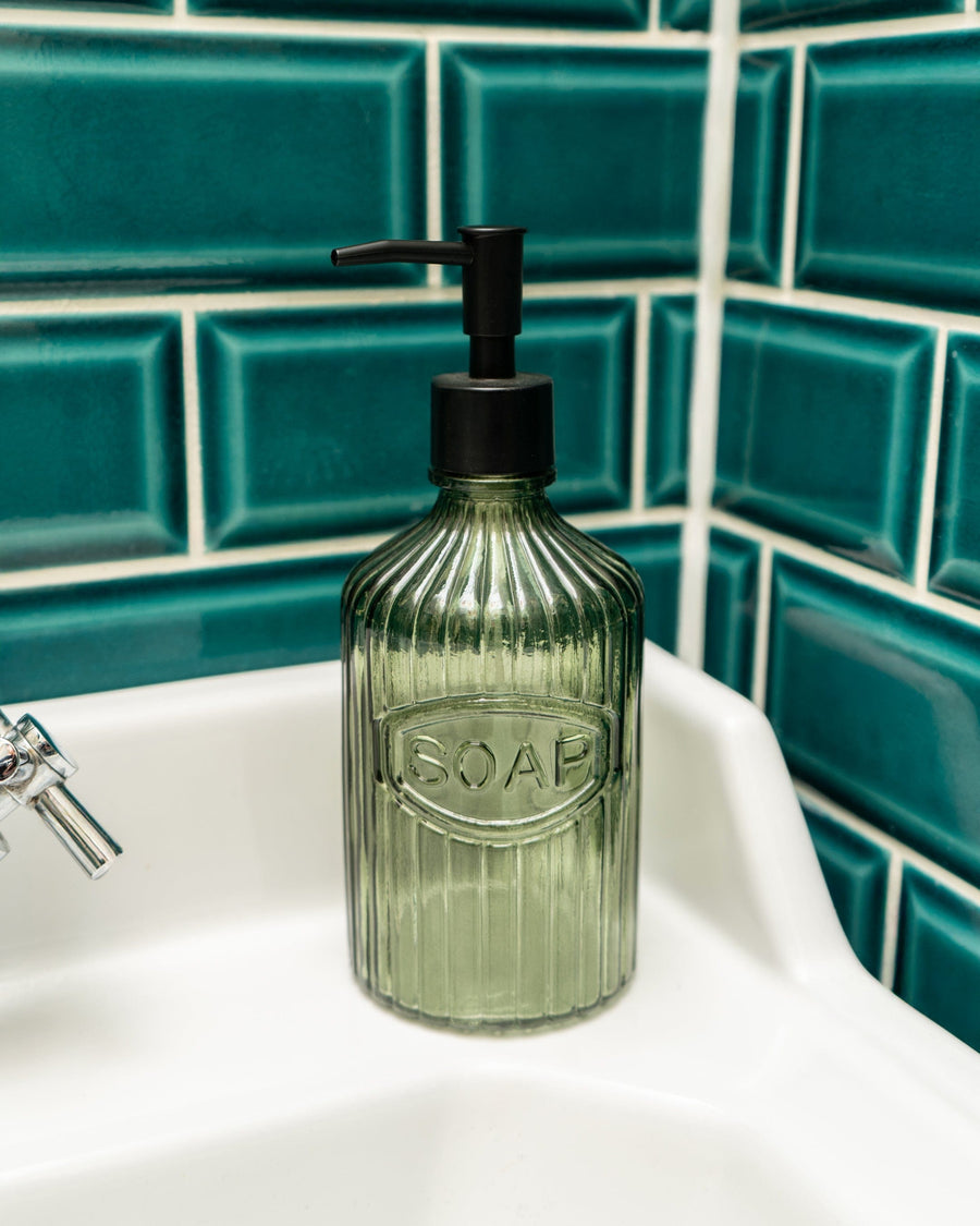 Green Glass Soap Dispenser with Black Pump