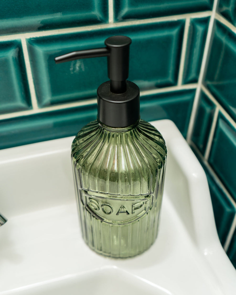 Green Glass Soap Dispenser with Black Pump