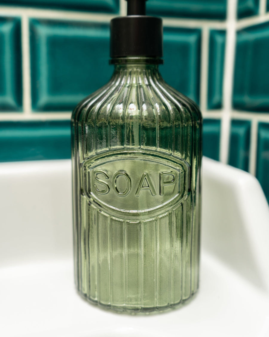 Green Glass Soap Dispenser with Black Pump