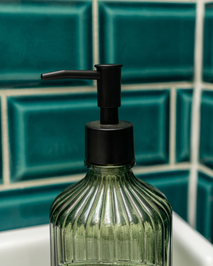 Green Glass Soap Dispenser with Black Pump