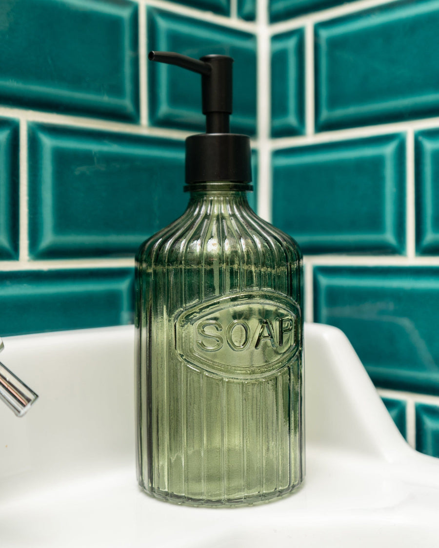 Green Glass Soap Dispenser with Black Pump