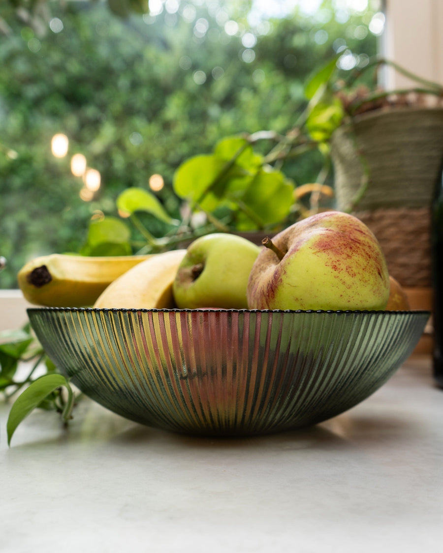 Large Green Ridged Glass Bowl