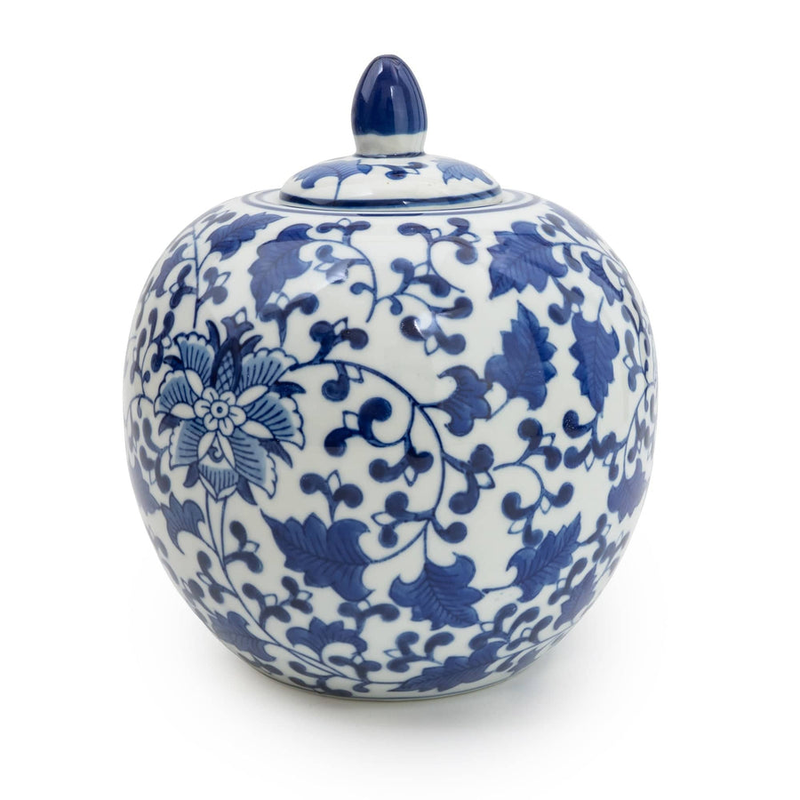 An Oriental Blue & White Round Ginger Jar sits elegantly with intricate traditional patterns, showcasing a glossy finish and a classic, curved silhouette.