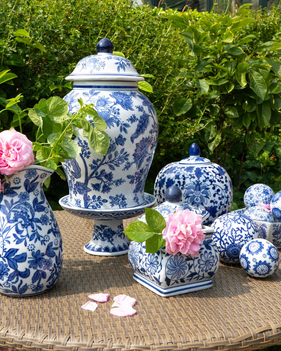 Oriental blue and white porcelain square ginger jar with intricate traditional patterns, showcasing timeless elegance for classic home decor.