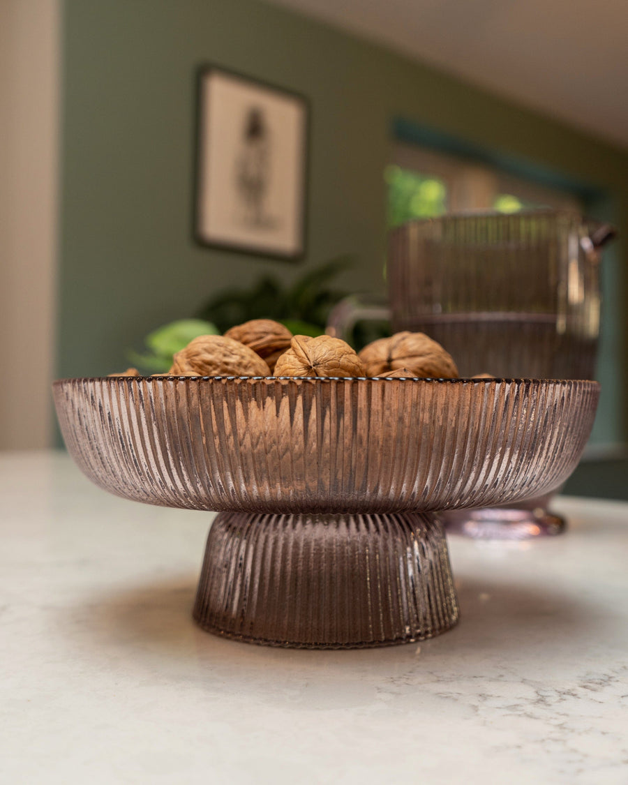 Ridged Plum Glass Pedestal Bowl