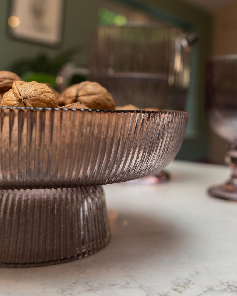 Ridged Plum Glass Pedestal Bowl