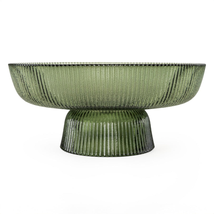 Green Ridged Glass Pedestal Bowl