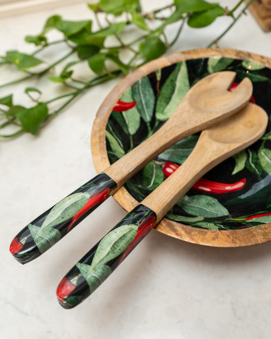 Chillies Mango Wood & Enamel Serving Spoon & Fork