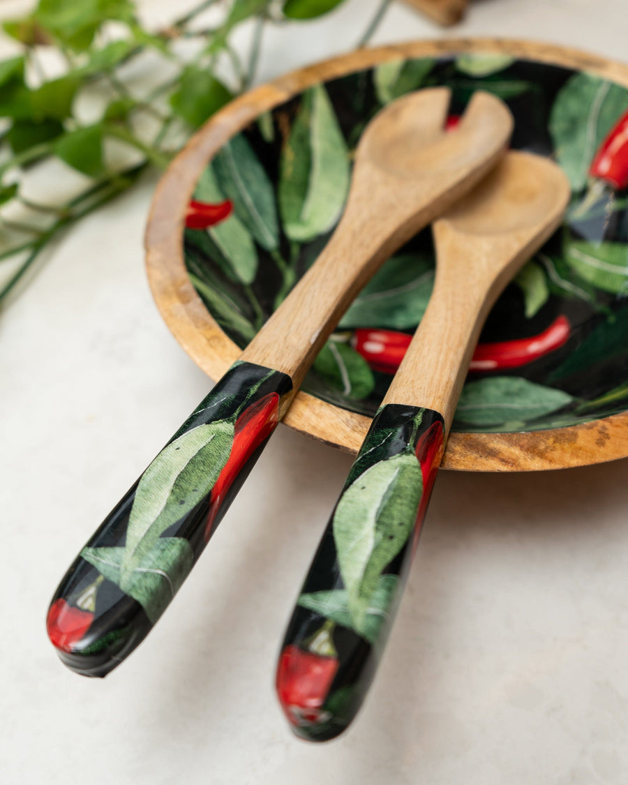 Chillies Mango Wood & Enamel Serving Spoon & Fork