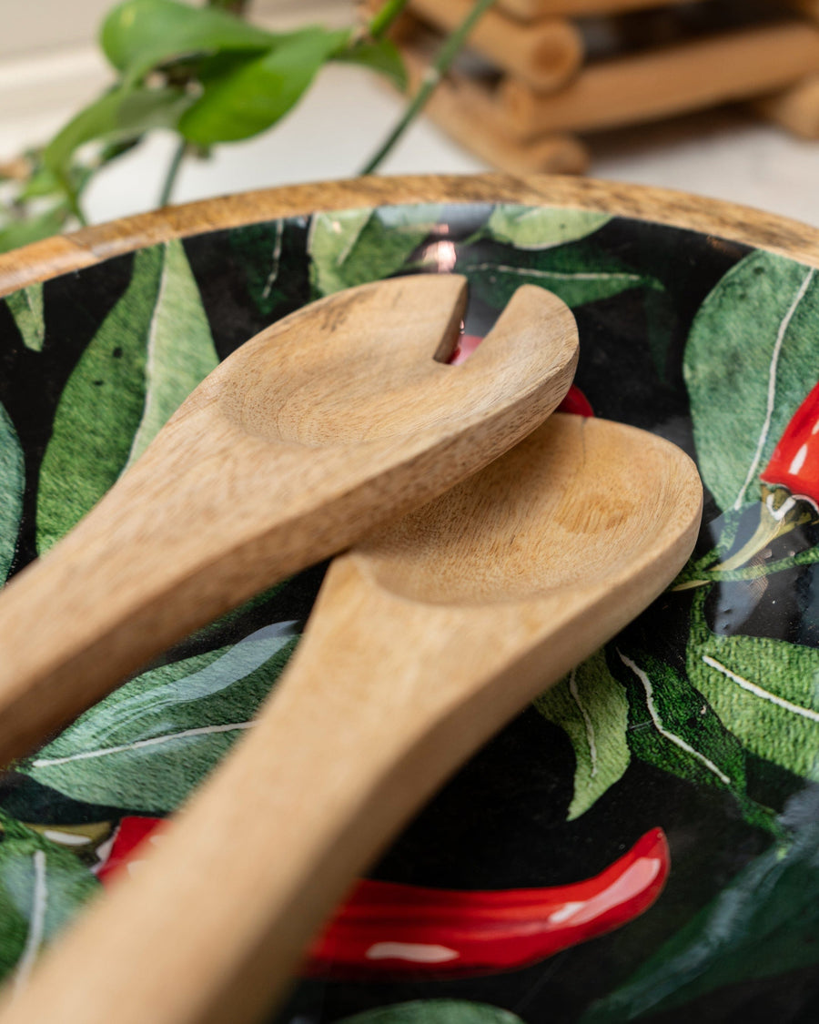 Chillies Mango Wood & Enamel Serving Spoon & Fork