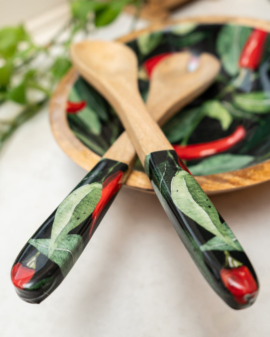 Chillies Mango Wood & Enamel Serving Spoon & Fork