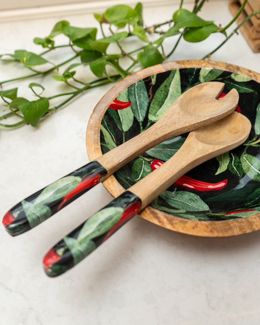 Chillies Mango Wood & Enamel Serving Spoon & Fork