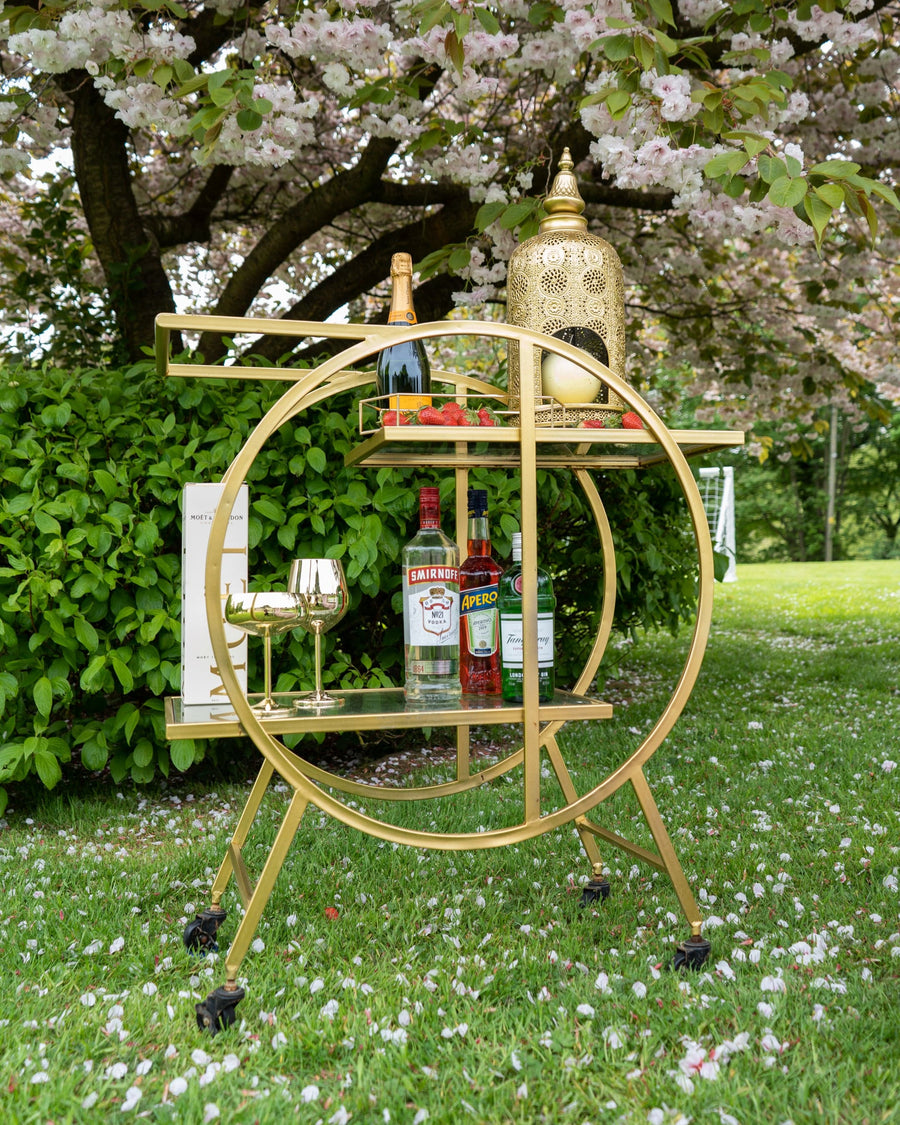 Round Art Deco Gold Drinks Trolley with Two Rectangular Glass Shelves & Handle