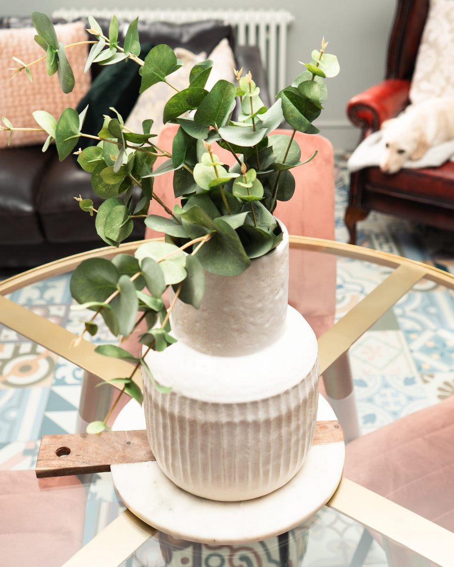 Large Cream Wide Neck Vase with Ridges