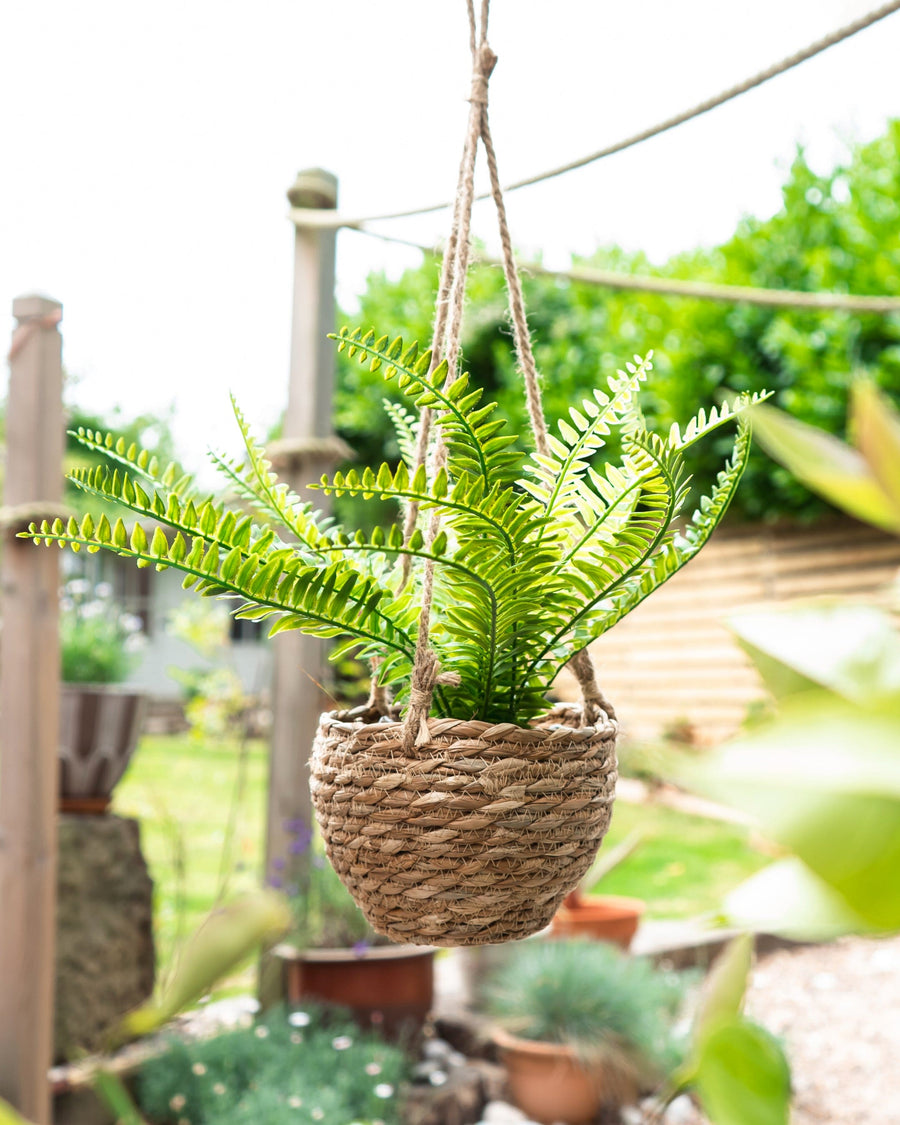 Artificial Green Fern in Hanging Rattan Basket with Rope Hanger