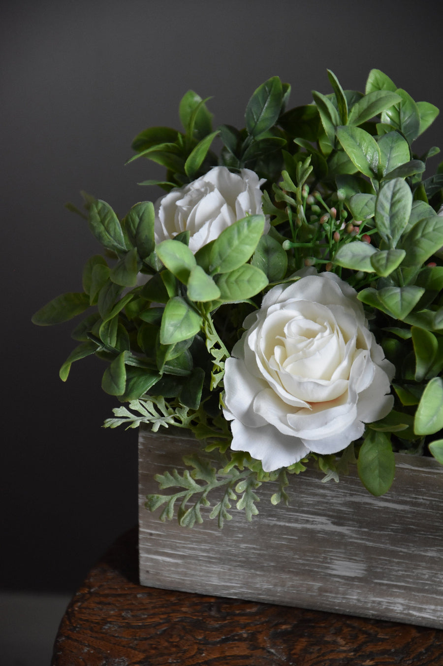 White Roses & Green Leaves in Wooden Box