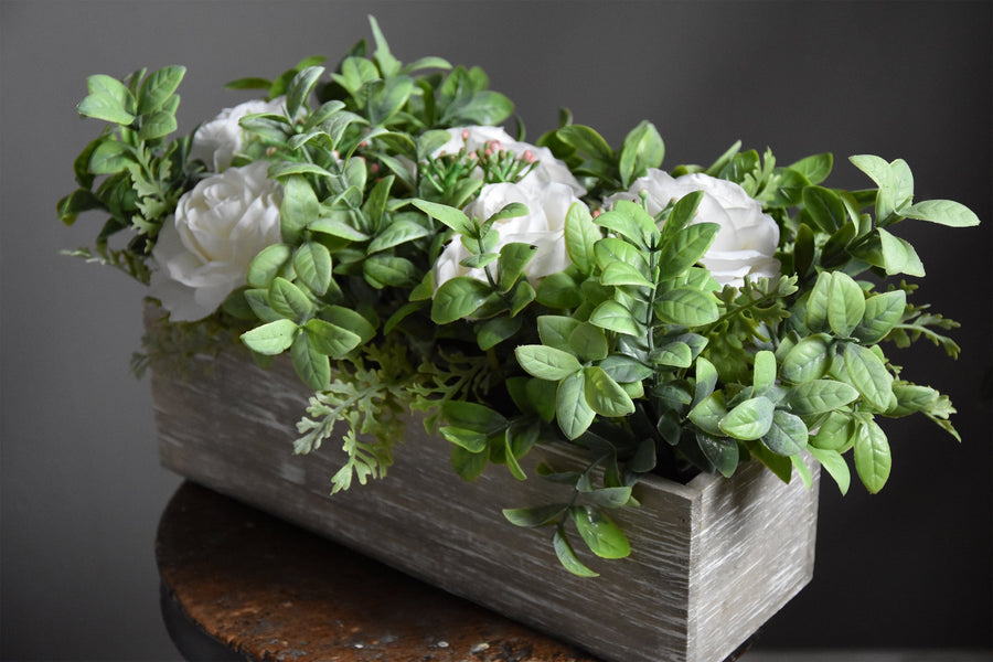 White Roses & Green Leaves in Wooden Box