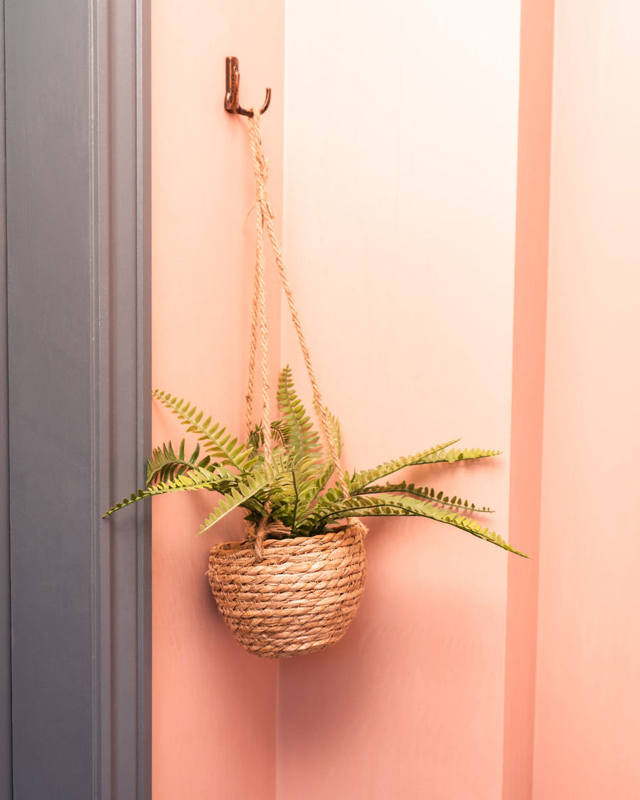 Artificial Green Fern in Hanging Rattan Basket with Rope Hanger