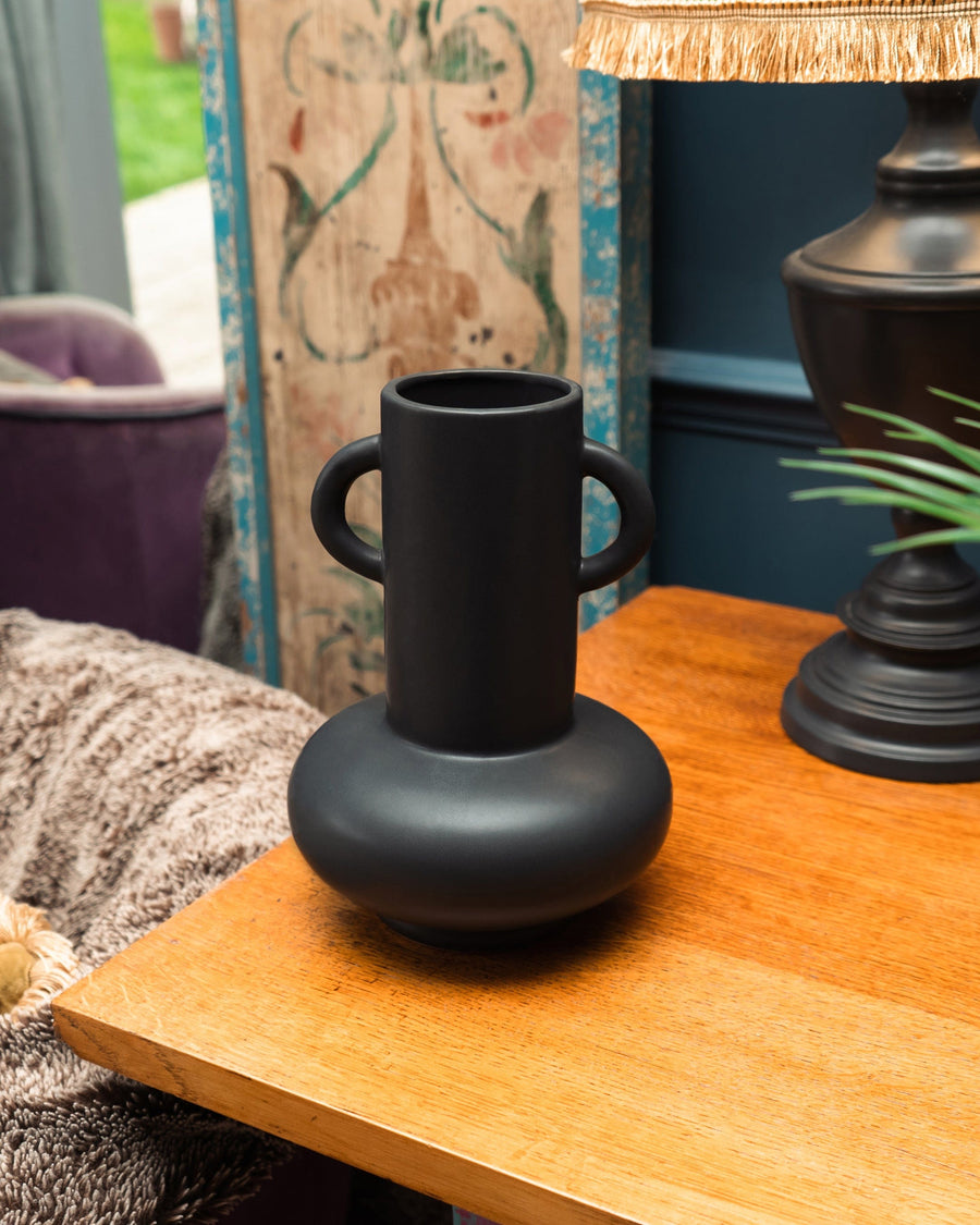 Matte Black Bulbous Vase with Long Neck & Handles