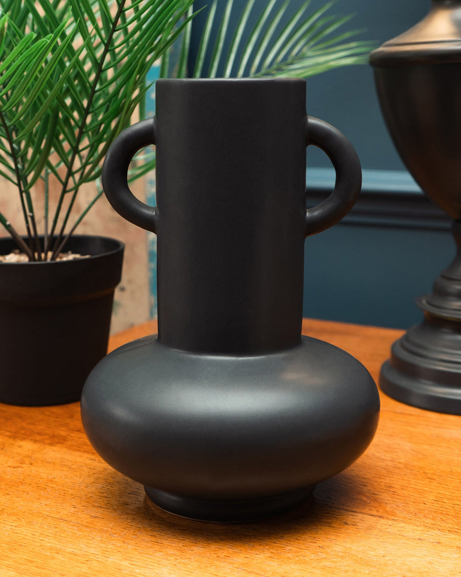Matte Black Bulbous Vase with Long Neck & Handles