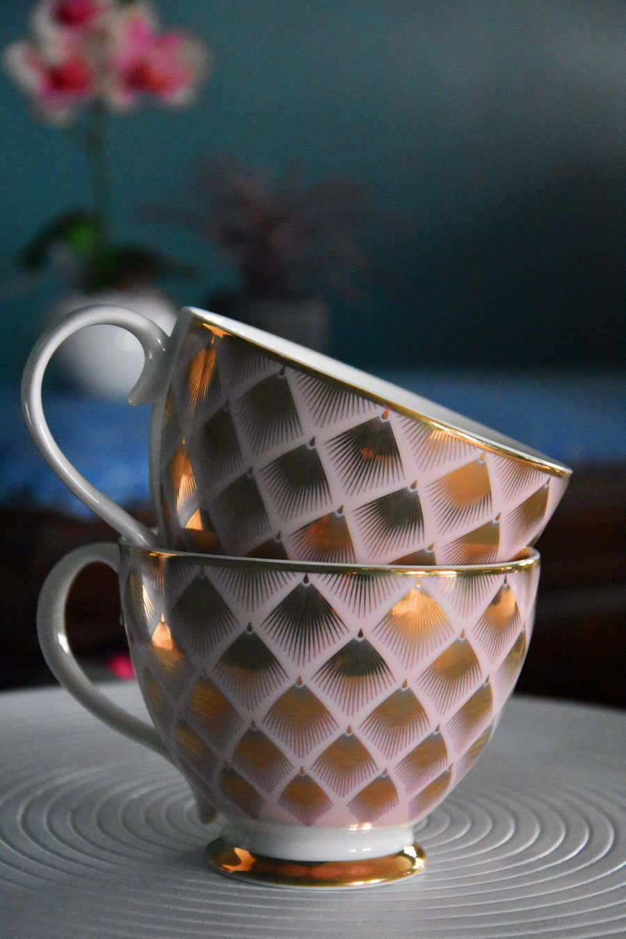 Pink Porcelain Footed Mug with Gold Fan Detail | Set of 2