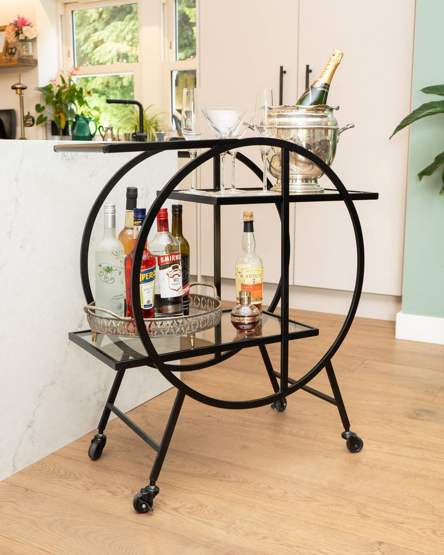 Round Art Deco Black Drinks Trolley with Two Rectangular Glass Shelves & Handle