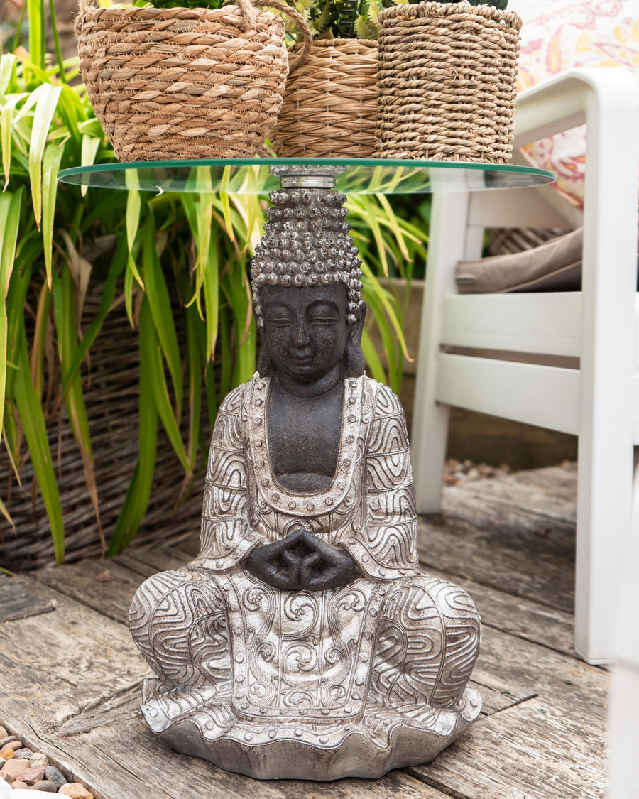 Silver Buddha Glass Top Side Table