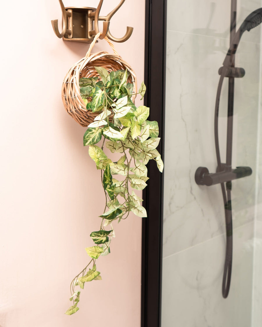 Hanging Artificial Trailing Succulent in Natural Wicker Basket