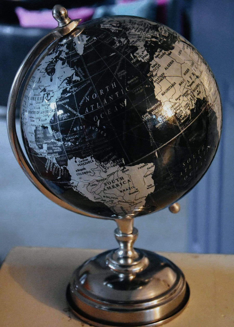 ESME Homeware Globe Large Globe on Metal Stand Black and Silver