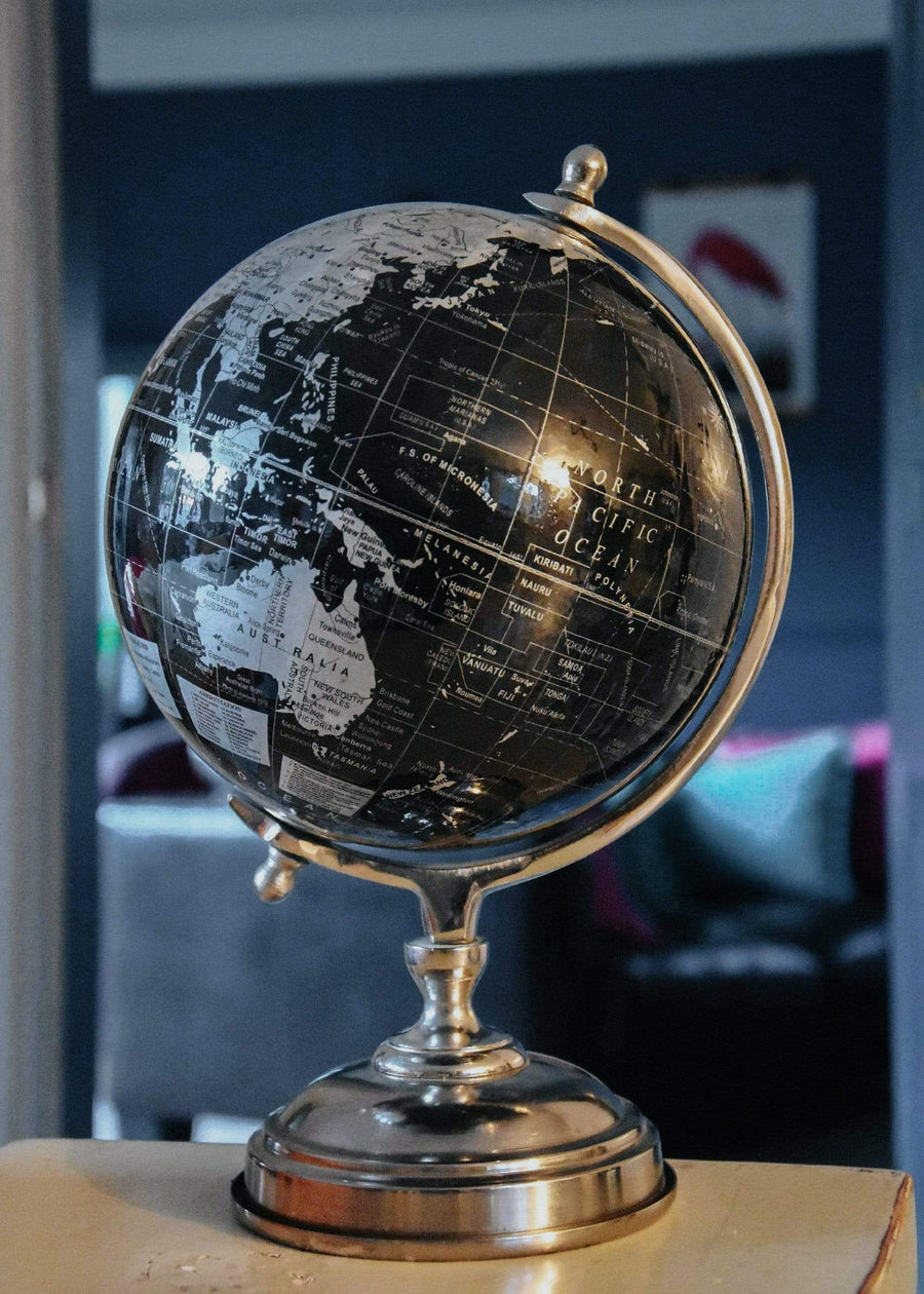 ESME Homeware Globe Large Globe on Metal Stand Black and Silver