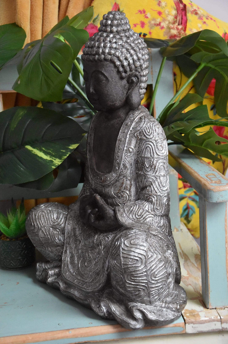 Sitting Buddha Ornament Black and Silver Large