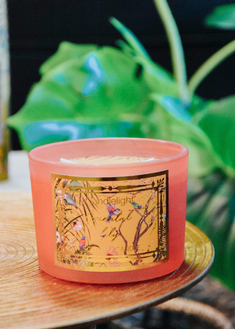 Scented candles Ochre Chinoiserie 2 Wick Candle Oriental Lily Scent in living room with gold side table with artificial plants