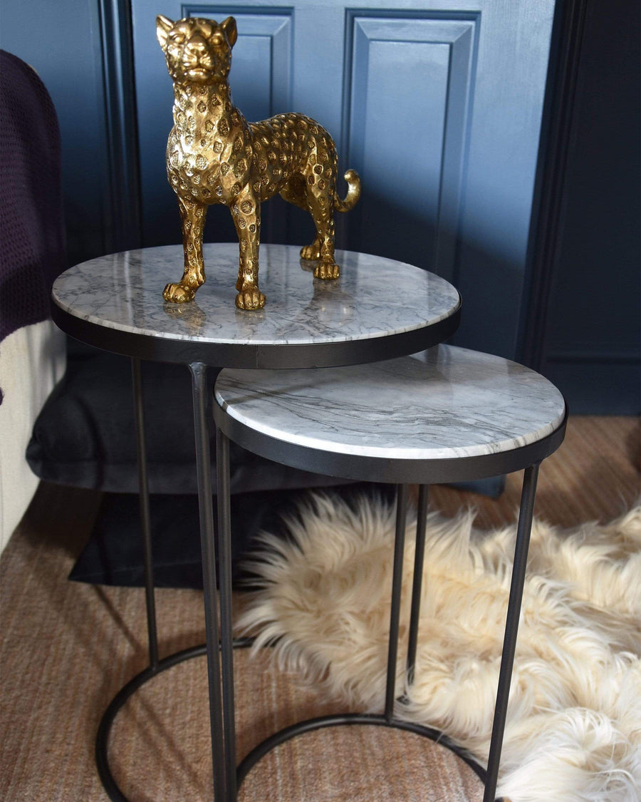 Set of 2 Marble Top and Black Metal Nesting Side Tables